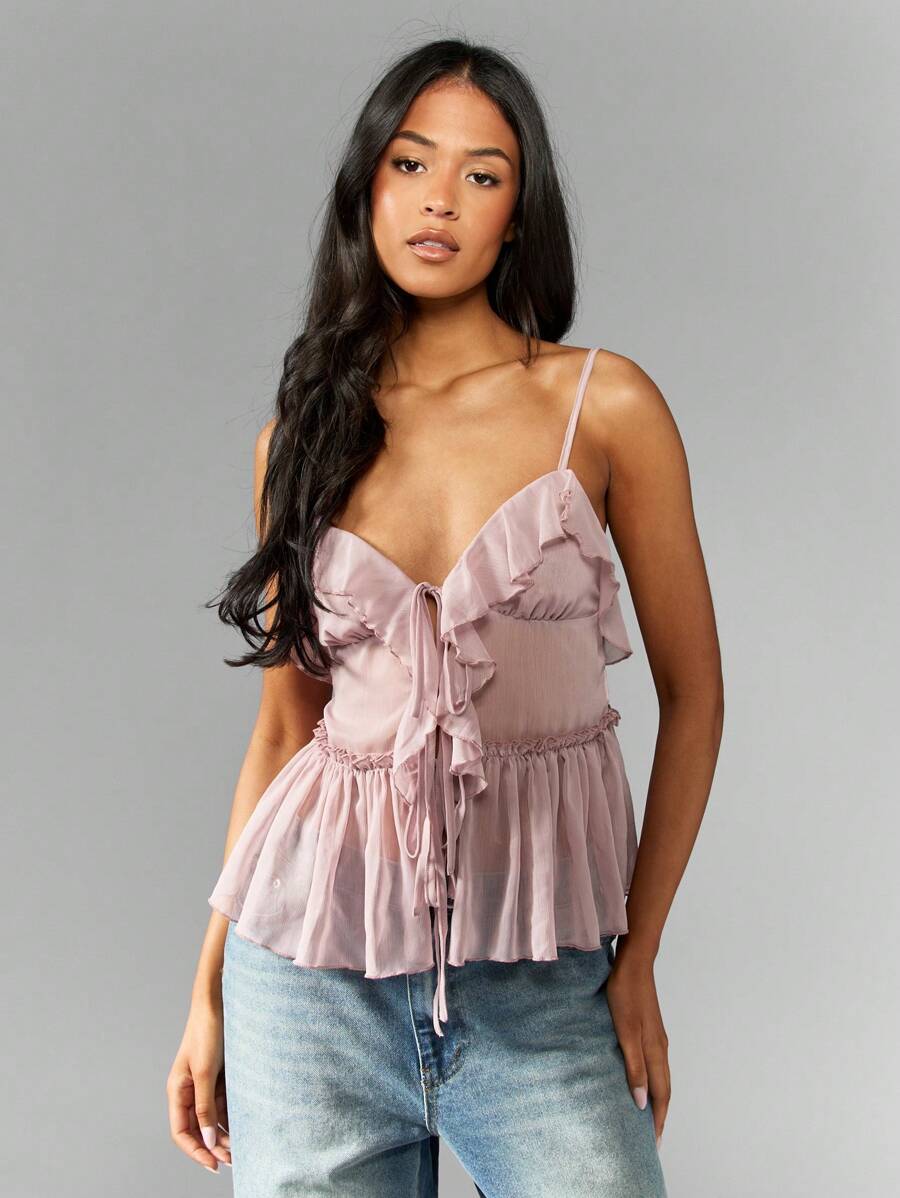 MISSGUIDED Ruffle Detail Chiffon Cami Top Summer Sleeveless Blouse Peplum Style Smocked Waist Adjustable Straps Festival Spring Party Casual Wear