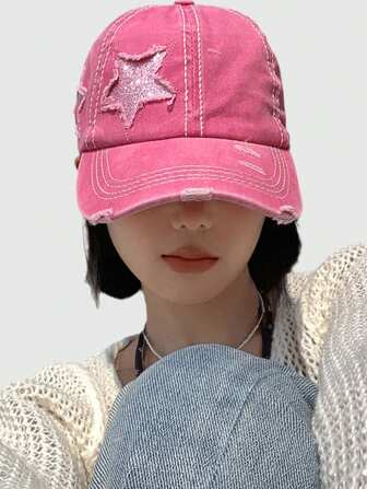 Grunge Punk 1pc Punk Trash Style Pink Rhinestone Embellished Baseball Cap, Y2K Glitter Star Pattern Baseball Hat, Unique Distressed Brim Cap, Casual Personality Fashion Accessory