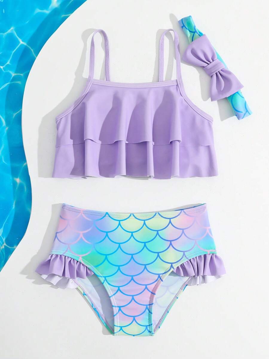 Young Girl Fish Scales Print Ruffle Trim Bikini Set With Headband Summer Beach - Multicolor - View 1