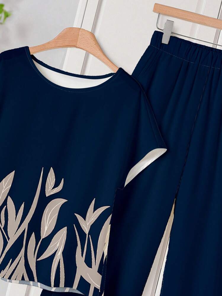 2pcs Women Casual Plant Print Shirt And Pants Set, Spring/Summer,Casual