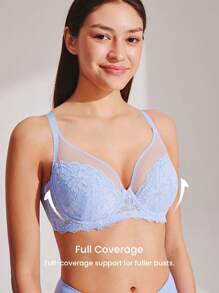 LUVLETTE Soft Woman Lingerie Lounge Curve Sheer Full Coverage Support&Breathable Underwire Sexy Unlined Minimizer Lace Elegance & Mesh Blue Bra Bridal Intimates