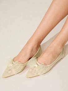 CUCCOO CHICEST Women's Pointed Toe Flats With Big Bow Decor, Mesh Overlay, Hollow Breathable Soft & Comfortable Casual Elegant Sweet Apricot Ballet Flats For Date, Afternoon Tea, Romantic Occasions - Apricot - View 5
