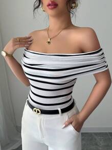 Chiquease 女式露肩条纹连体衣 - 白色 - 查看 5