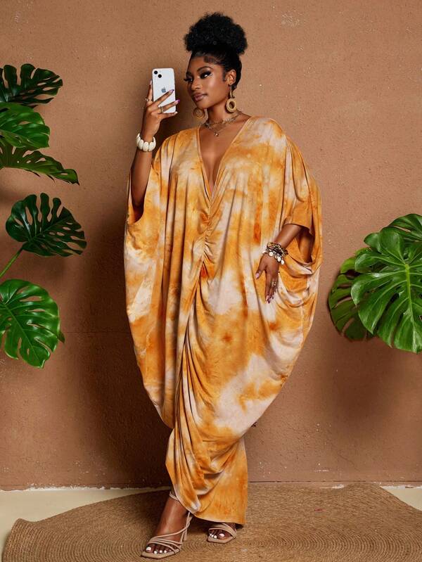 Maweii Vestido informal de talla grande con estampado completo y recogido para vacaciones