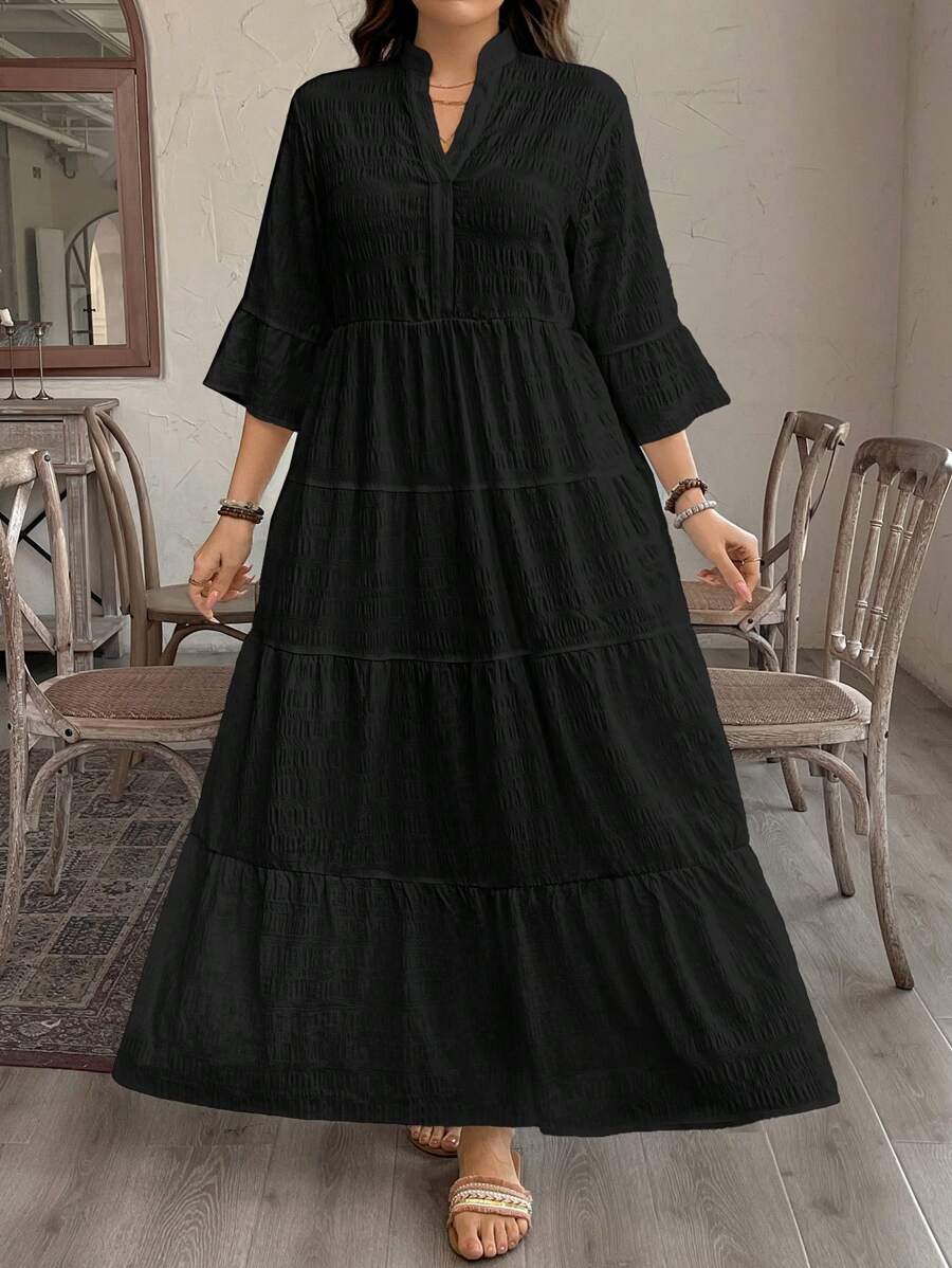 SHEIN LUNE 加大码波西米亚树叶印花多层娃娃裙，休闲度假长裙夏季长裙女士夏季服装圣帕特里克节服装复活节夏季服装女士春季服装海滩圣帕特里克节复活节休闲套装女士优雅超长裙 - 黑色 - 查看 1