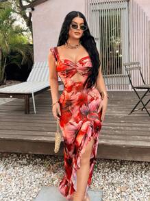 SHEIN SXY Vestido elegante de verano con estampado floral retro en tela de malla, con volantes en el bajo y abertura alta, para mujer - para vacaciones/cumpleaños/citas/fiestas/carnaval/graduación/baile