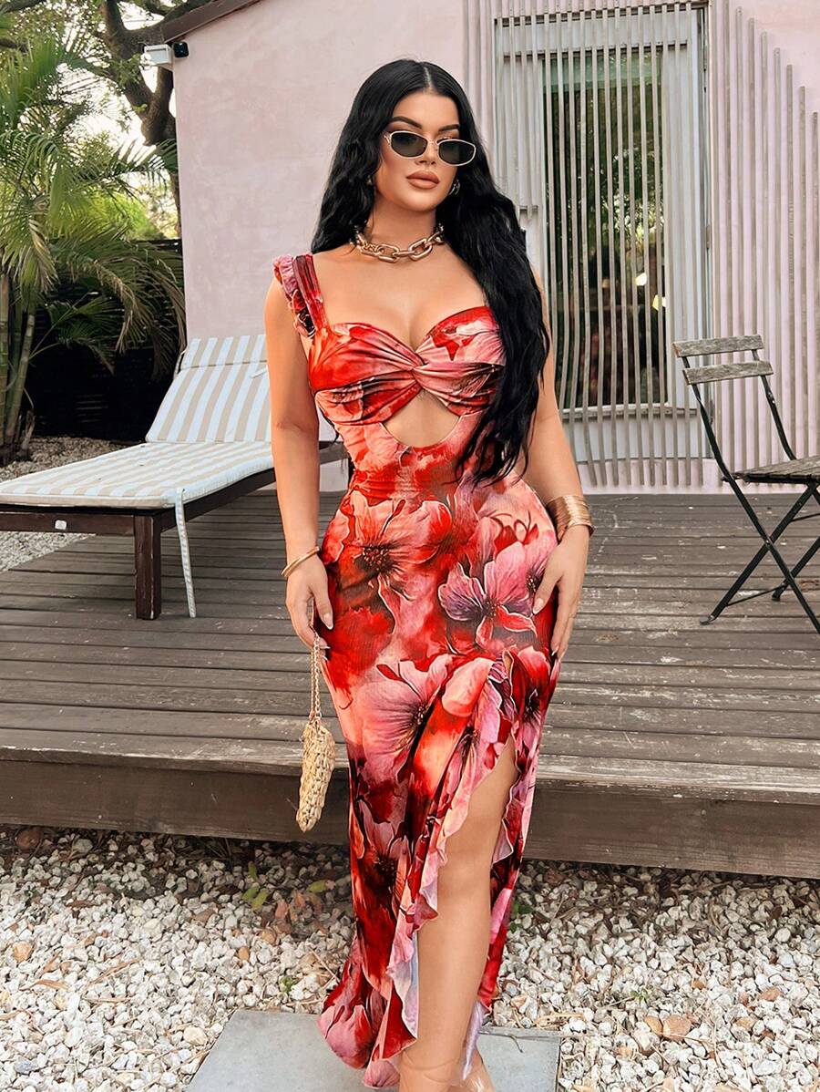 SHEIN SXY Vestido elegante de verano con estampado floral retro en tela de malla, con volantes en el bajo y abertura alta, para mujer - para vacaciones/cumpleaños/citas/fiestas/carnaval/graduación/baile