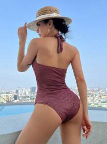 DAZY Metallic Red Wine Rhinestone Button One Piece Swimsuit Swimwear,Beach Women Outfits Vacation - Burgundy - View 7