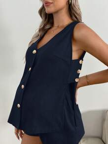 SHEIN 2pcs Maternity Casual Solid Color Tank Top And Adjustable Waist Shorts Set - Navy Blue - View 3