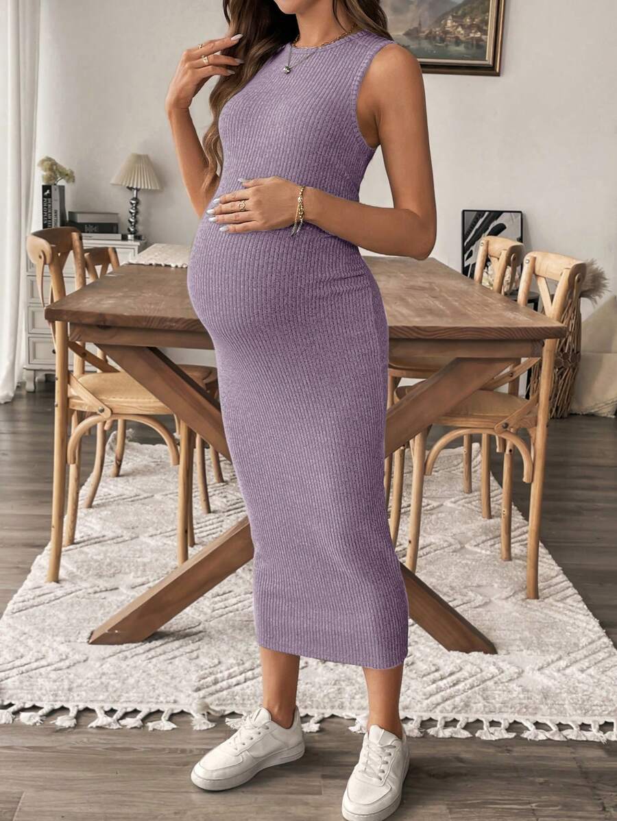 SHEIN 孕妇纯色圆领侧开衩修身无袖连衣裙 - 紫色 - 查看 1