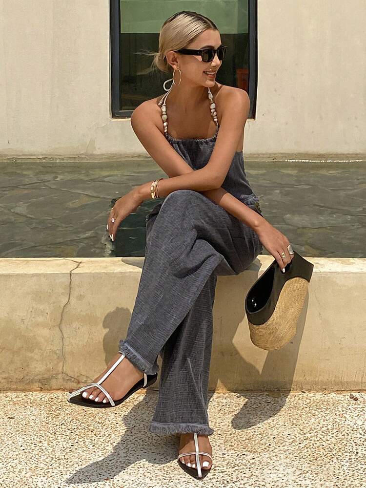 Women 2pcs Set Solid Color Beaded Halter Backless Tank Top And Wide Leg Pants, Elegant Casual Summer Outfit