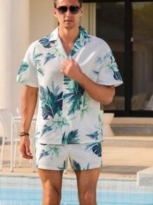 Manfinity VDAYZ Men's Tropical Print Shirt And Shorts Beach Set - White - View 6