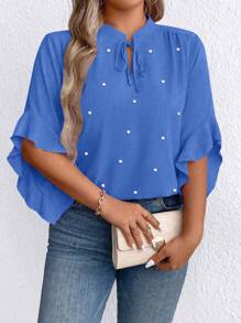Plus Size Women Solid Color Pearl Decor Lace-Up Collar Short Sleeve Blouse - Blue - View 5