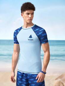 Shark Week X SHEIN Men's Summer Shark Print Raglan Sleeve Rashguard Top, Hawaiian
