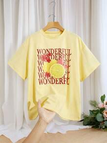 SHEIN Essnce Women's Letter & Lemon Print Short Sleeve Round Neck T-Shirt, Suitable For Summer
