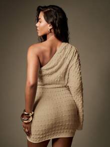 MISSGUIDED Designer One Shoulder Long Sleeve Mini Dress Textured Knit Party Evening Winter Holiday Events Bodycon Form Fitting Special Occasion Stylish - Khaki - View 2