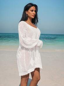 EURMUSE White Open-Knit V-Neck Sweater With Diamond Lace Pattern And Long Sleeves - Beige - View 5