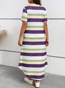 SHEIN LUNE Plus Size V-Neck Long Striped Print Loose Fit Short Sleeve T-Shirt With Curved Hem - Mauve Purple - View 2