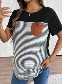 SHEIN Maternity Casual Striped Knitted T-Shirt With Pocket: Comfortable And Stylish Semi-Sheer Top With Round Neck And Short Sleeves For Everyday Wear