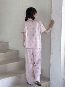 SHEIN Dozemod Tween Girl Tween Girls 2pcs Set Stripe & Bow Print Collared Button Blouse And Woven Pants Pajamas - Pink - View 2