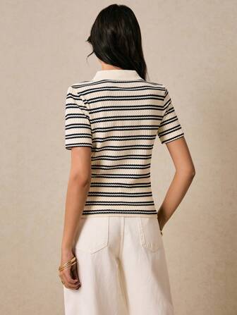 Poéselle Women's Striped Polo Collar Short Sleeve Casual T-Shirt,Classic Black And White Striped Short Sleeve Polo Shirt,Fashionable Women's Black And White Striped Polo Shirt, Old Money Polo Shirt Polo Shirts For Women