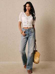 Vintage Hollow Out Crochet Knit Cardigan - White - View 5