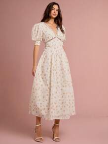 Enchnt 女士优雅碎花泡泡袖连衣裙，夏季 - 橘色 - 查看 6