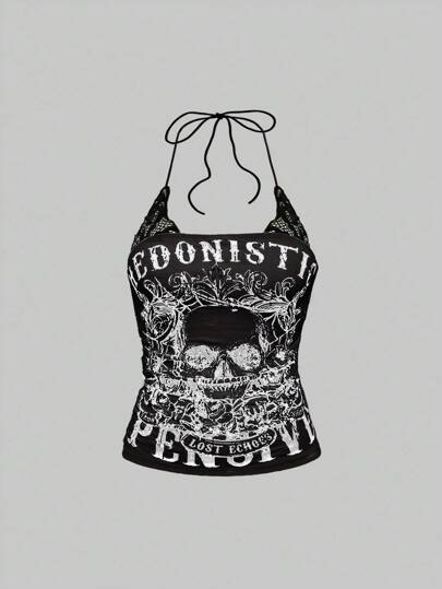 Grunge Punk Top halter sin mangas con cuello ajustado, estampado de calavera y encaje en contraste, estilo punk Y2K para mujer