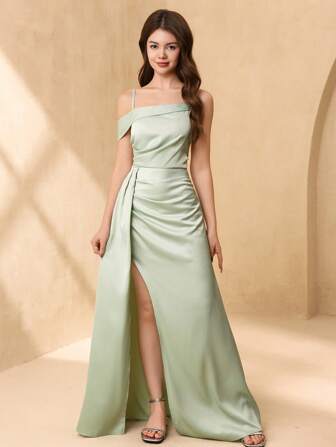 SHEIN Vestido de dama de honor/boda de satén verde menta elegante con tirantes finos para adolescentes, vestido con falda gran vuelo y diseño princesa