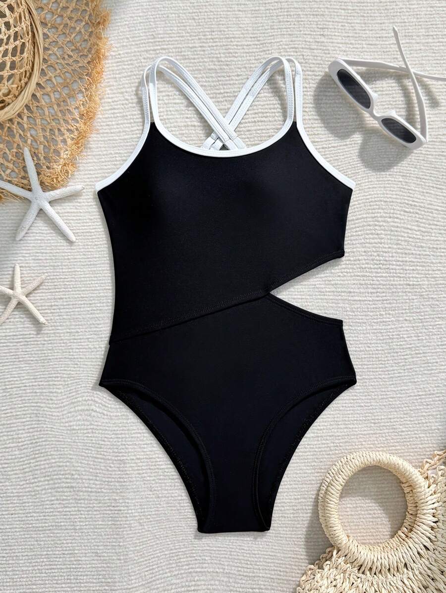 Tween Girl Casual Minimalist Comfortable Criss-Cross Back Cutout Monokini Swimsuit - Black and White - View 1