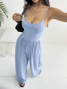 SHEIN Unity Mono con tirantes finos y piernas anchas, estilo sexy europeo y americano - Celeste - Ver 4