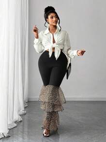 Maweii Plus Size Women Sexy Leopard Print Fabric High-End Ruffle Decor Flared Hem Cinched Waist Bodycon Pencil Pants - Black - View 3