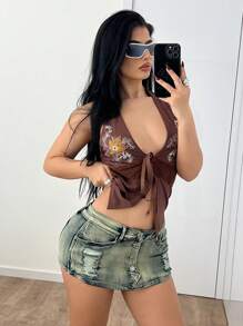 EgrlEra 低腰不对称下摆做旧迷你牛仔短裙 - 深色水洗藍 - 查看 2