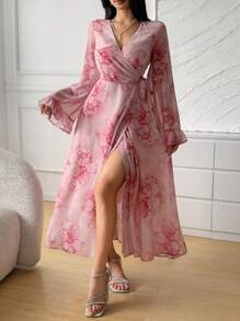 DAZY Women's Lace Up Full Print Mid-Long Casual Dress,Fall Dress Long Sleeve Dress - Red - View 5