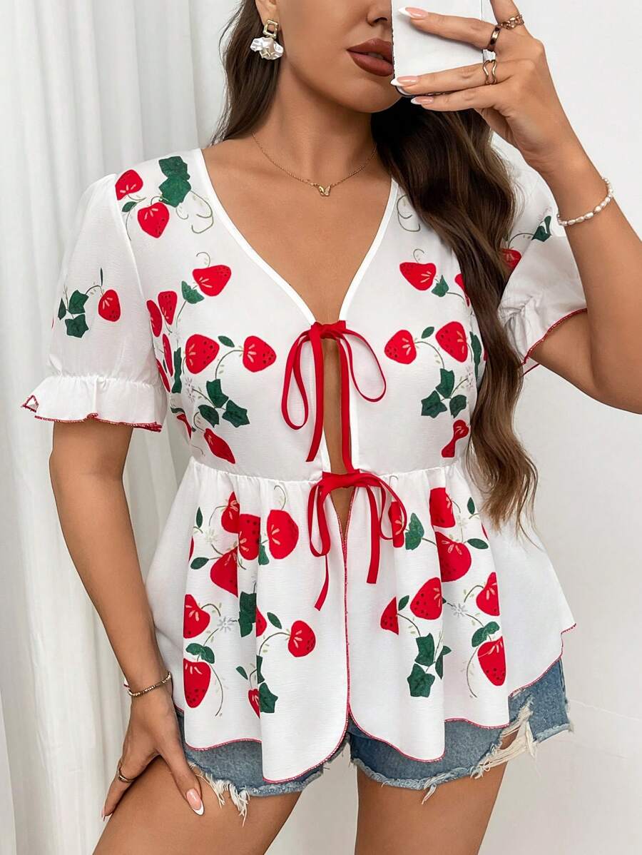 Flirla Plus Size Summer Casual Strawberry Print Tie-Up Shirt