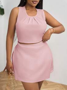 SHEIN PETITE CURVE Plus Size Women Plain Color Minimalist A-Line Skirt, Suitable For Summer - Pink - View 5