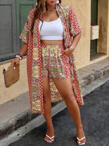 Breezaya Conjunto de 2 piezas de talla grande para vacaciones de verano con estampado todo sobre chaqueta y shorts, patrón floral aleatorio - Multicolor - Ver 5