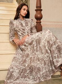 Anewsta Váy dự tiệc mùa hè cho nữ, váy maxi thanh lịch kiểu Pháp in hoa bó sát có tay áo bèo nhún, thích hợp cho ngày lễ tình nhân, lễ hội thanh lịch mùa xuân - Cà phê - Xem 3