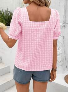 SHEIN LUNE Women's Casual Square Collar Plaid Short Sleeve Blouse, Spring/Summer