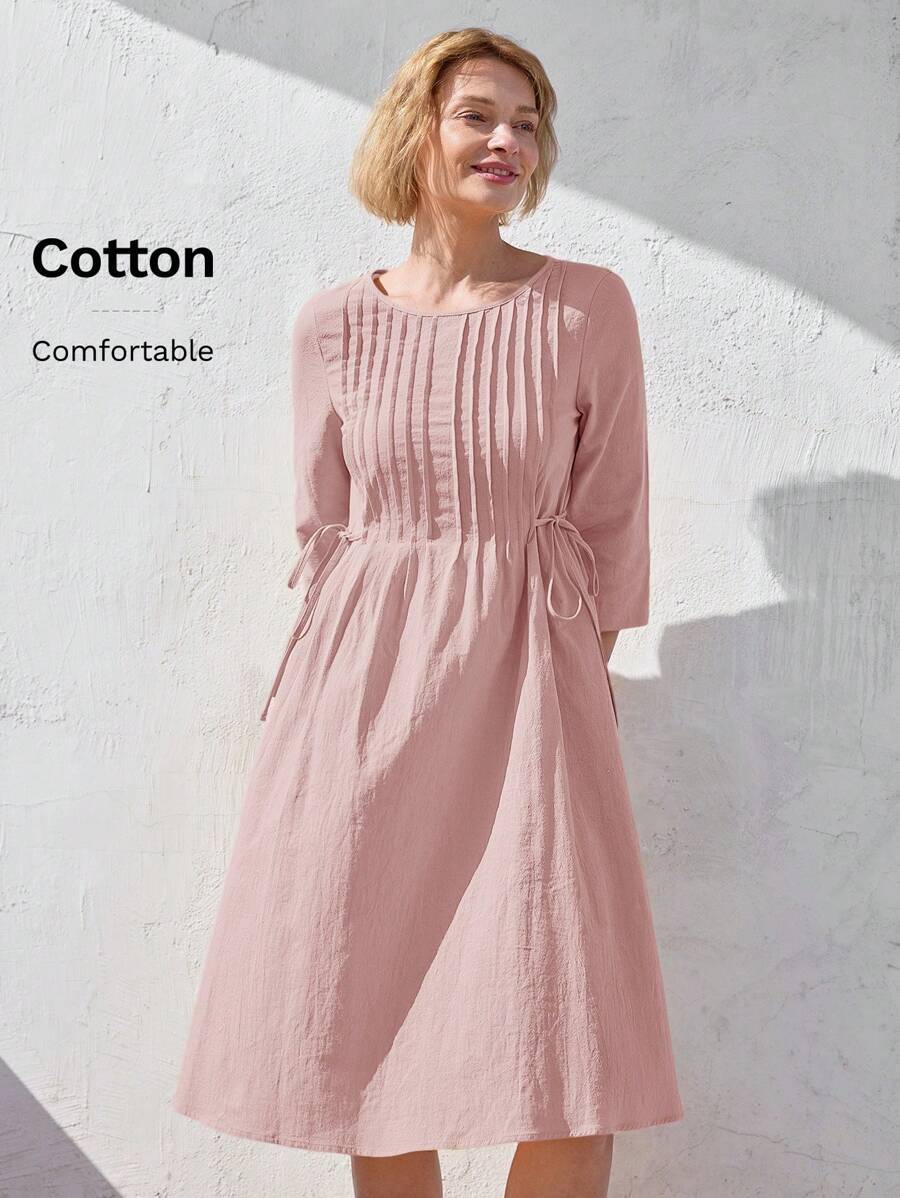 EMERY ROSE 女式休闲宽松圆领中袖中长连衣裙，正面有条纹，春夏 - 藕粉色 - 查看 1