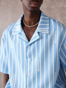 Sumwon Signature Resort Camp Collar Shirt Boxy Fit Summer Short Sleeve Cuban Bowling Button Down Casual Striped Streetwear Vacation Beach - Blue and White - View 6