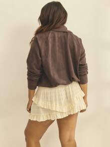 Aralina Curve Suedette Zip Up Drawstring Waist Cropped Fit Business Casual Woman Bomber Jacket - Coffee Brown - View 2