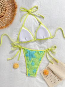 SHEIN Swim 2025年夏季新款女士泳衣海滩度假甜美星星和马卡龙色图案三角下装和三角上装性感两件套 - 黃色 - 查看 4