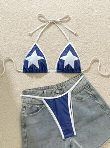 SHEIN Swim Women's Summer Beach 5-Pointed Star Print Halter Tie Sexy Bikini Swimsuit Set - Blue and White - View 6