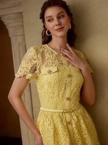 MOTF PREMIUM CONTRAST GUIPURE LACE DRESS - Yellow - View 4