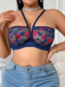 1pc Plus Size Heart & Lip Lace Push Up Lingerie Bra - Blue - View 5