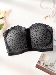 Women Plus Size Seamless Wireless Front-Clasp Padded Cami Bra, Leopard Print Wave Edge, Sexy