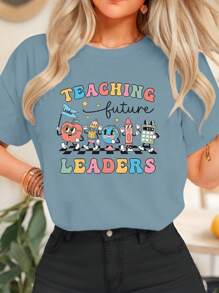 Calvaya 大码女式夏季休闲教师节礼物教育工作者领导者圆领短袖休闲T恤图案T恤女式上衣 - 霧霾藍 - 查看 3