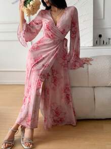 DAZY Women's Lace Up Full Print Mid-Long Casual Dress,Fall Dress Long Sleeve Dress - Red - View 4