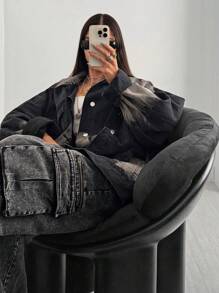 SHEIN EZwear Jeans de pierna ancha de carga con múltiples bolsillos de mezclilla negra desgastada